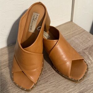 Vintage Havana Leather Peep-Toe Mule with Stud Trim